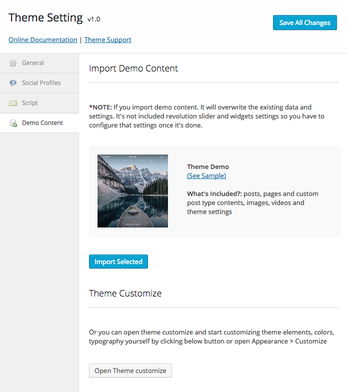 Theme Setting > Demo Content for content importing feature
